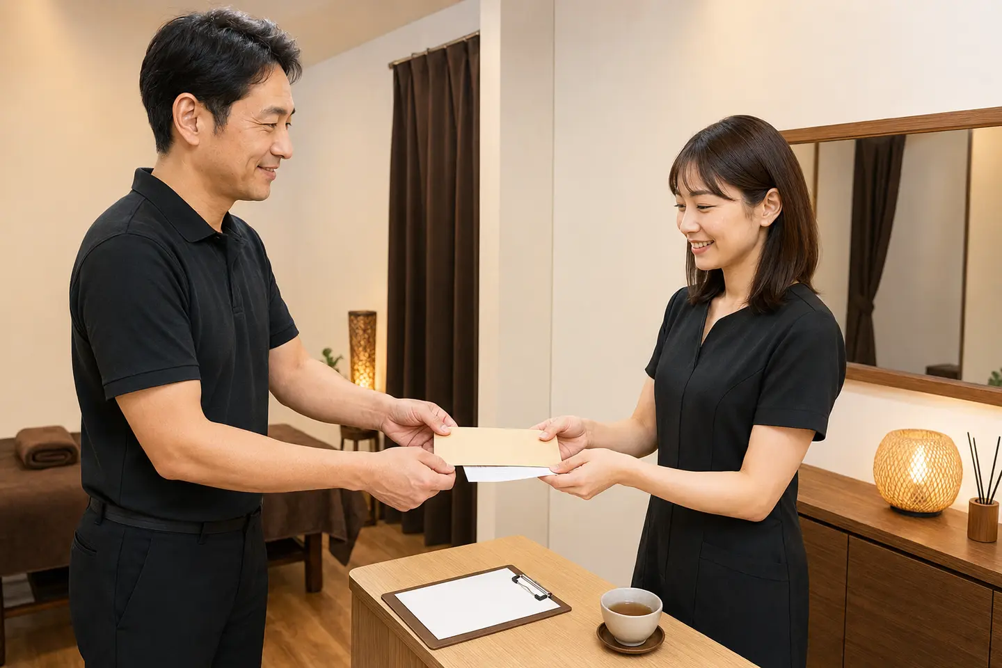 勤務終了後に男性スタッフから給与封筒と明細を受け取る女性セラピスト