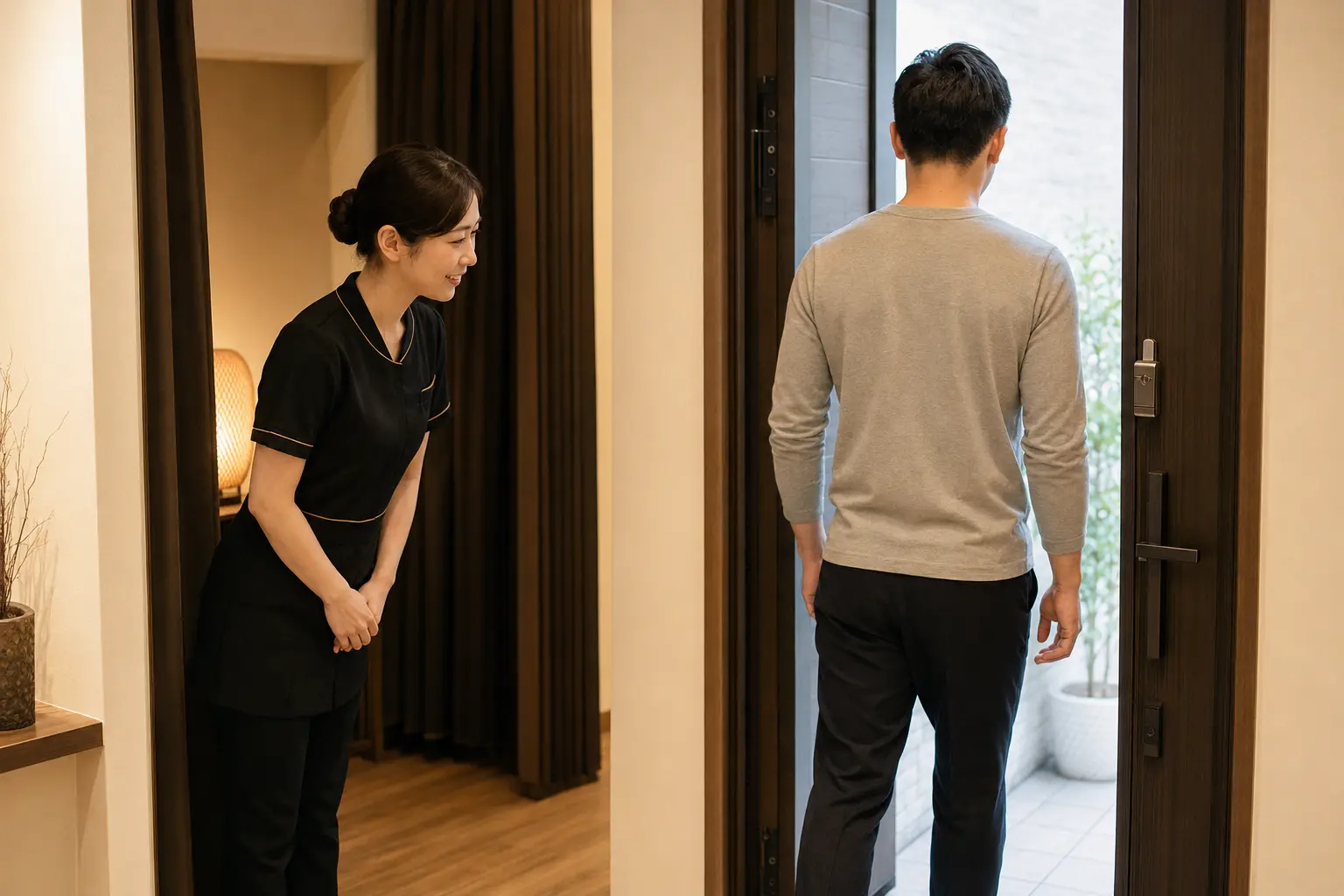 Relaxation Hugの女性セラピストが施術後の男性のお客様を丁寧にお見送りする様子