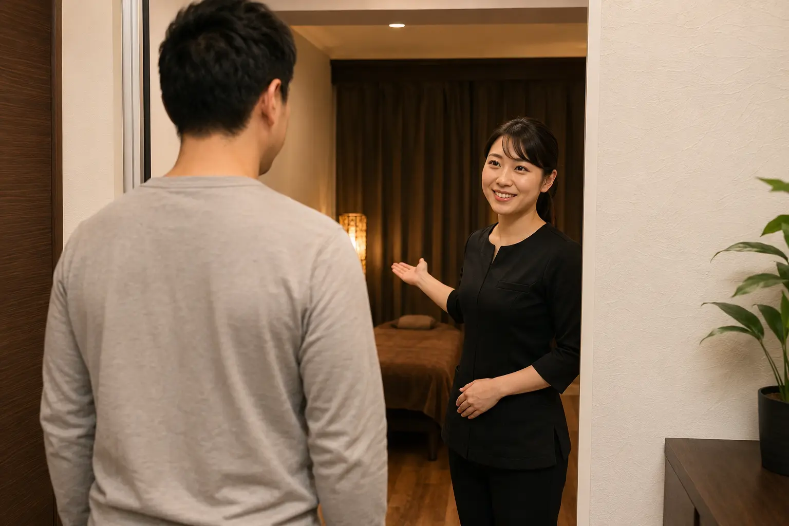Relaxation Hugの女性セラピストが来店した男性のお客様を笑顔でお迎えする様子